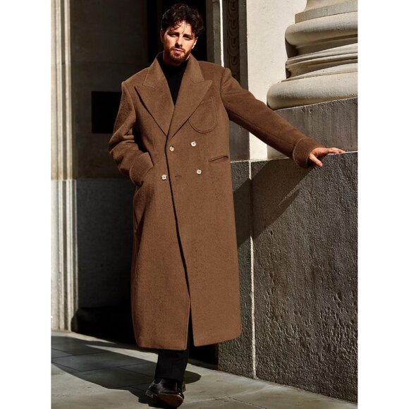 Men's Brown Wool Blend Pea Coat Notched Collar Double Breasted Trench Coats - Picture 3 of 6